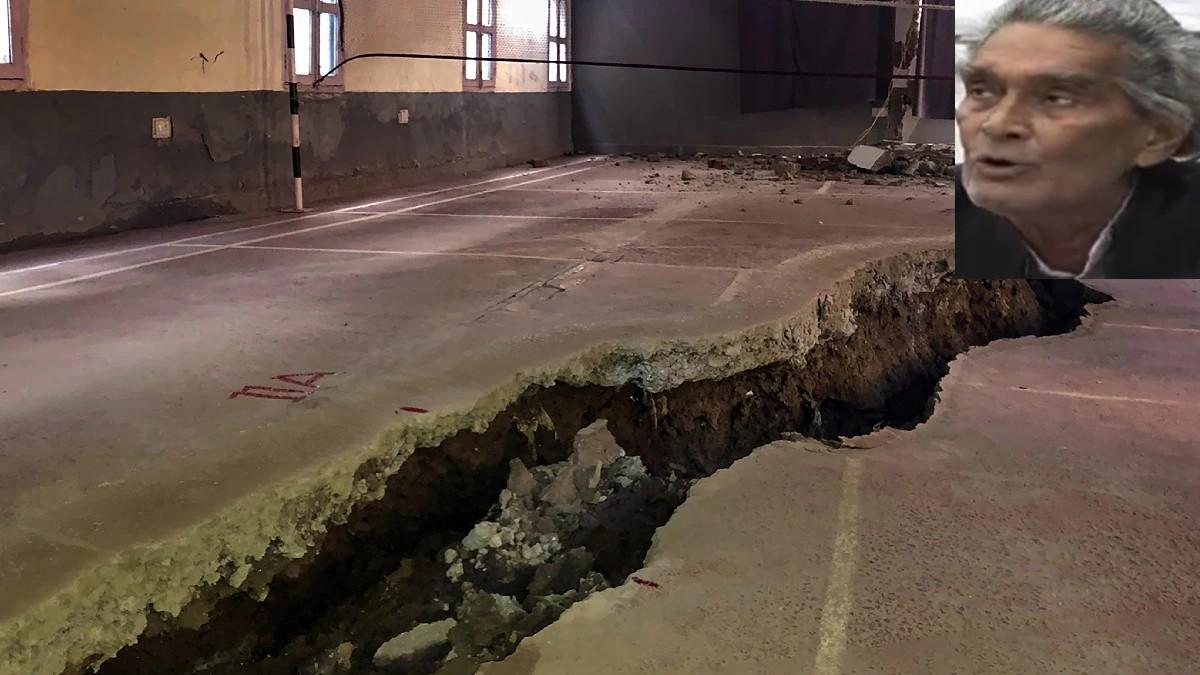 जोशीमठ में दिखाई दे रही तबाही की तस्वीर और इनसेट में जनकवि गिरदा.