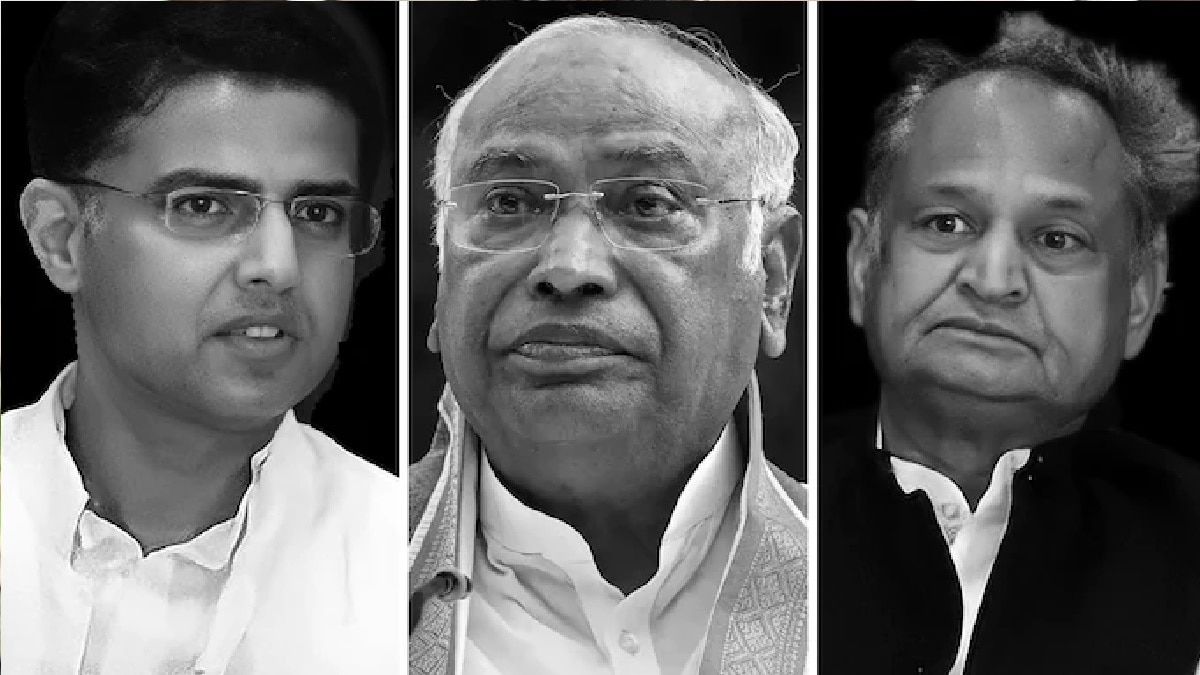 कांग्रेस नेता सचिन पायलट (बाएं) कांग्रेस अध्यक्ष मल्लिकार्जुन खड़गे (बीच में) और राजस्थान के मुख्यमंत्री अशोक गहलोत.