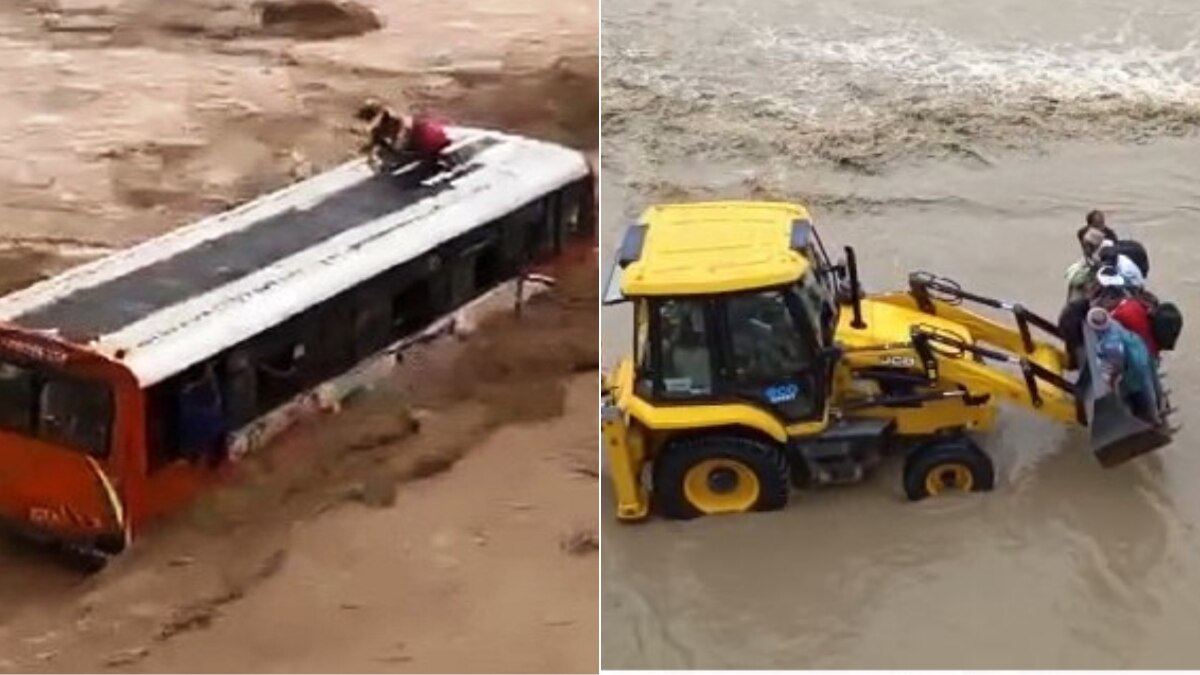 नदी में फंसी बस