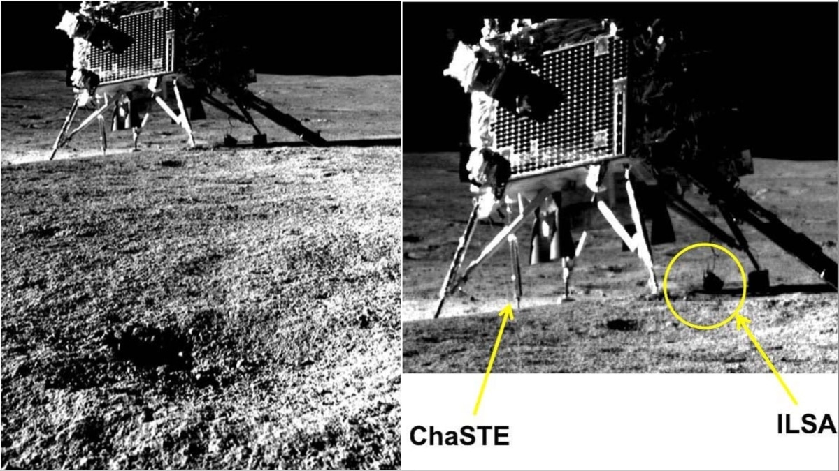 बाएं दिख रहा है विक्रम लैंडर और दाहिने उसके नीचे लगे चास्टे और इल्सा पेलोड को घेरे में दिखाया गया है. (सभी फोटोः ISRO)