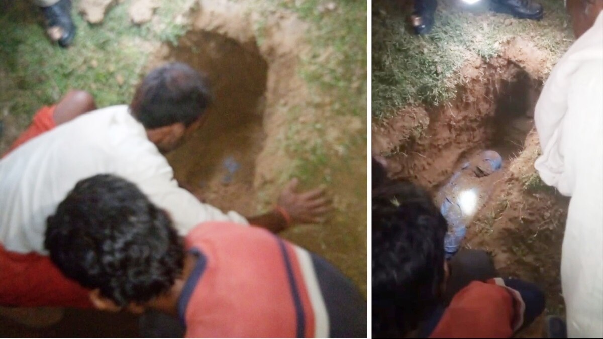 किशोरी के शव को कब्र से निकलवाते पुलिसकर्मी. 