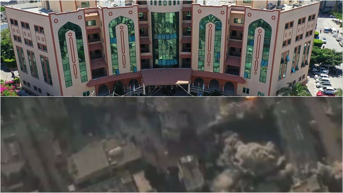 गाजा की इस्लामिक यूनिवर्सिटी (पहले (ऊपर), बाद (नीचे)