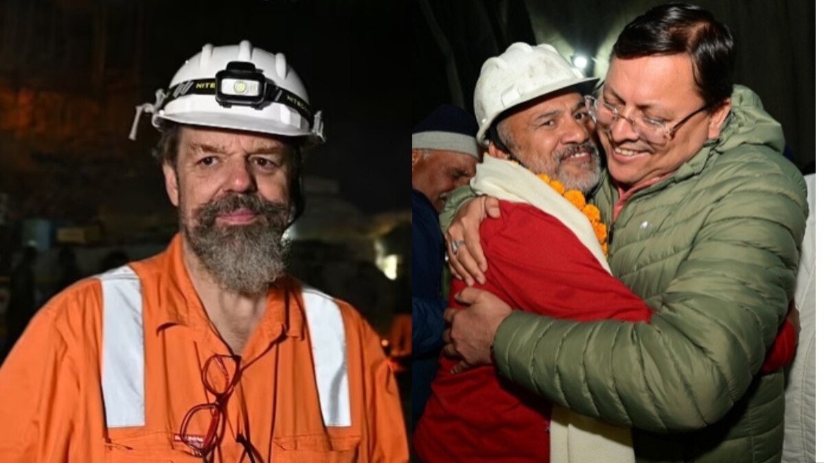 ऑस्ट्रेलियाई सुरंग विशेषज्ञ प्रोफेसर ऑरनॉल्ड डिक्स (बाएं) और सुरंग से बाहर निकलने के बाद मजदूरों से गले मिलते उत्तराखंड के सीएम पुष्कर सिंह धामी (दाएं) (फाइल फोटो)