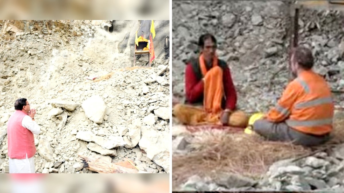 बौखनाग देवता के हाथ जोड़ते CM धामी और टनलिंग एक्सपर्ट अर्नोल्ड डिक्स.