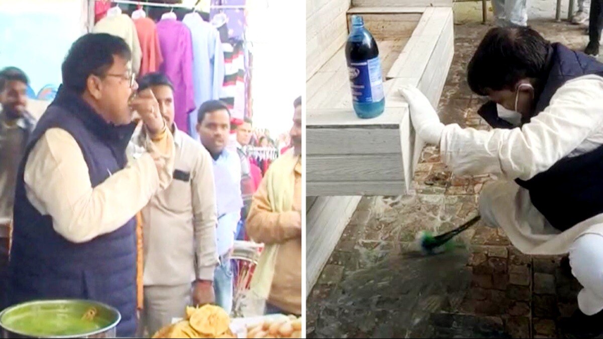पहली तस्वीर में गोलगप्पे खाते और दूसरी में सफाई करते मंत्री तोमर.