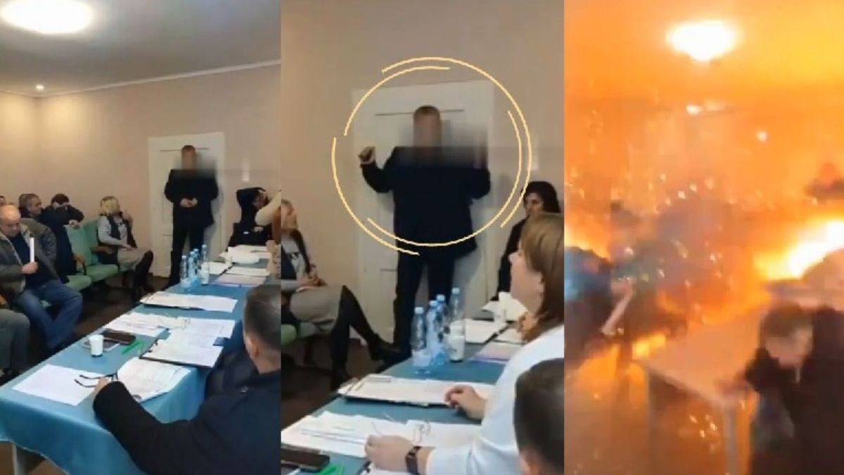 यूक्रेन में एक विलेज काउंसिल की मीटिंग के दौरान डिप्टी ने बम विस्फोट कर दिया. (फोटो: स्क्रीनग्रैब)