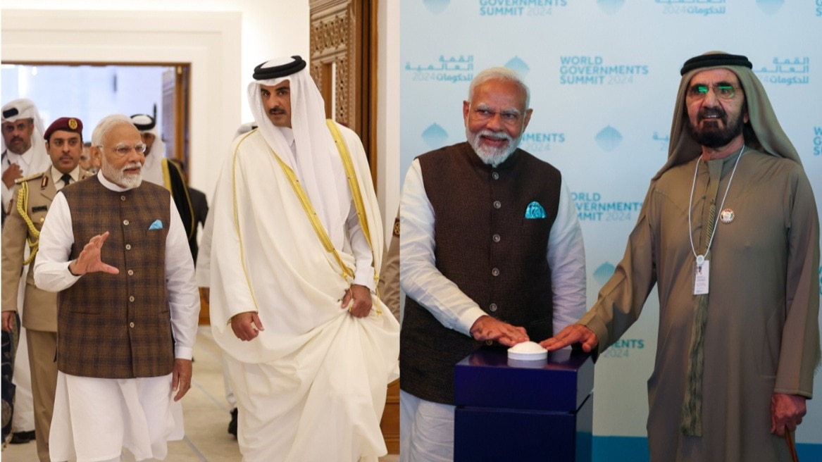 कतर के अमीर तमीम बिन हमद अल थानी (बाएं) और यूएई यूएई के राष्ट्रपति शेख मोहम्मद बिन जायद अल नाहयान से मिलते प्रधानमंत्री नरेंद्र मोदी