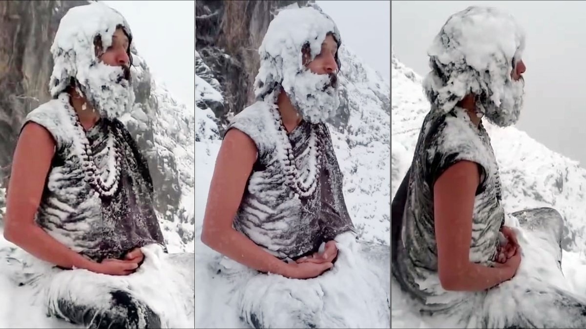 बर्फबारी में तपस्या करता योगी 