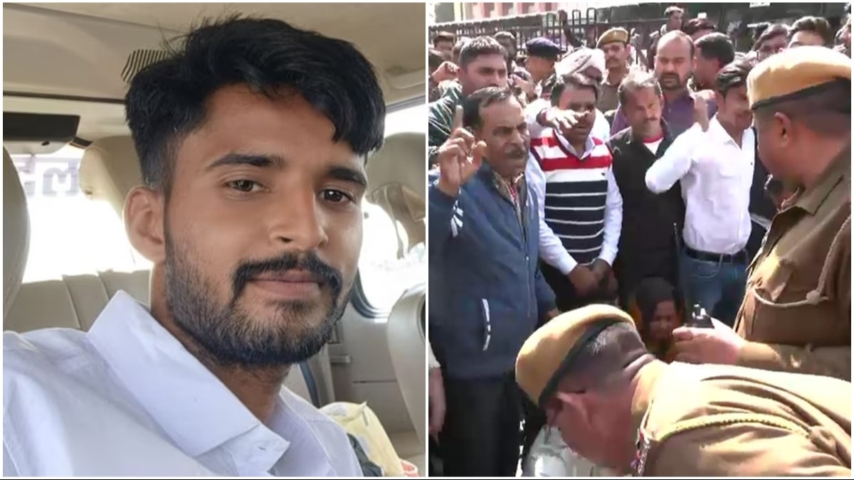 बाईं तरफ मृतक सचिन की फाइल फोटो. दाईं तरफ हंगामा करते परिजन और उन्हें समझाती पुलिस.