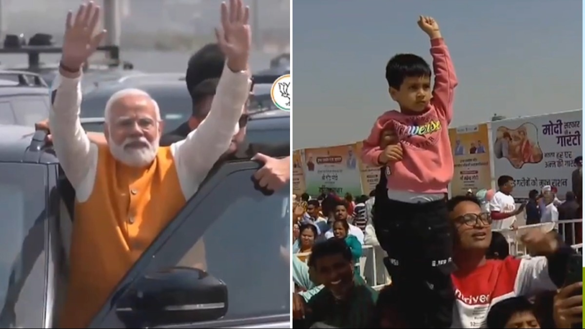 द्वारका एक्सप्रेसवे पर रोड शो करते प्रधानमंत्री नरेंद्र मोदी.