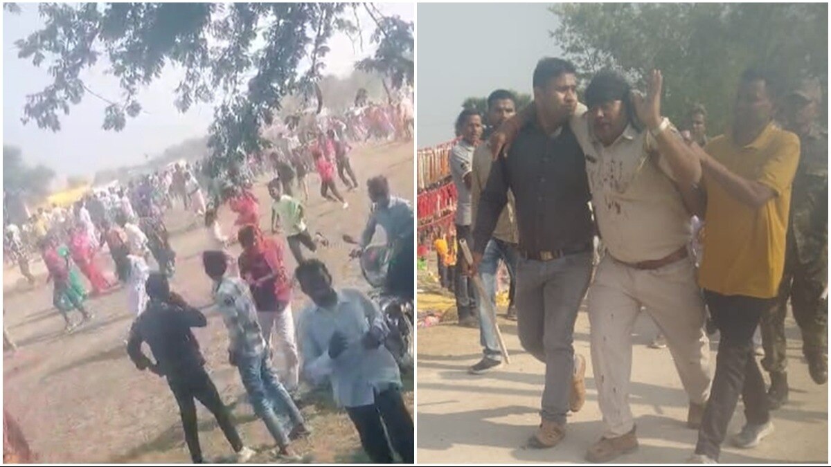 पथराव के बाद कार्यक्रम स्थल पर मची भगदड़ (बाएं). हंगामे में घायल पुलिसकर्मी (दाएं).