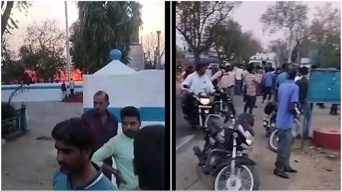 जयपुर के बस्सी की केमिकल फैक्ट्री में लगी आग. मौके पर जमा लोगों की भीड़.