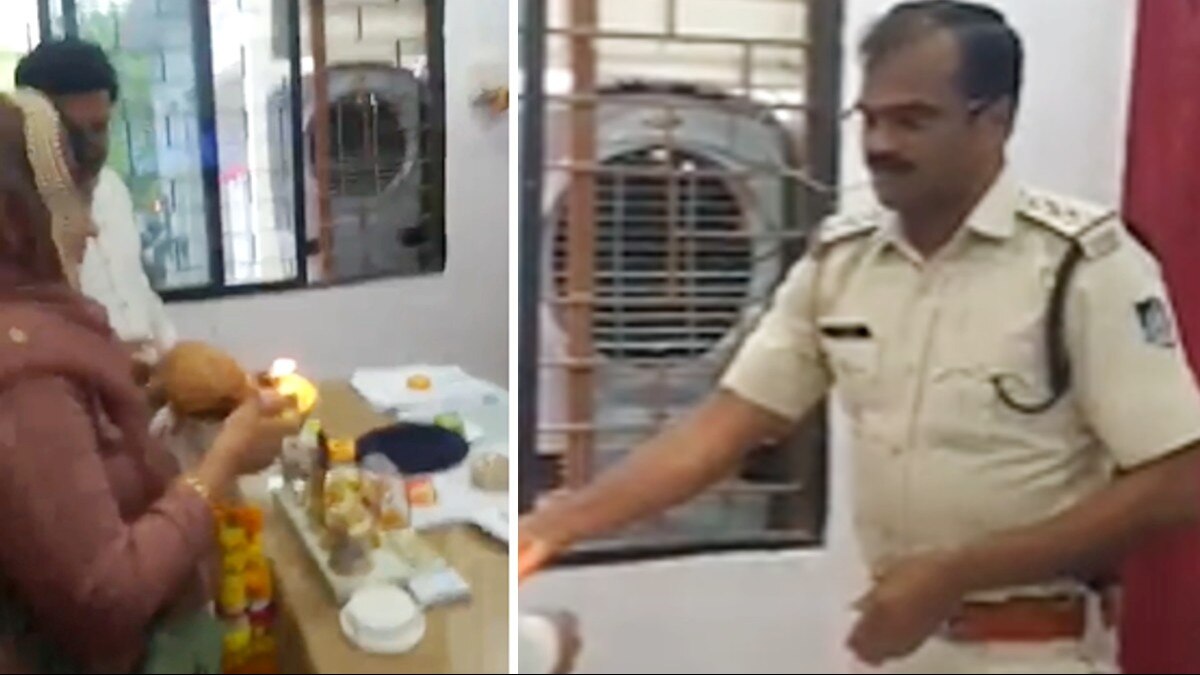 थाना प्रभारी की आरती उतारती फरियादी महिला.