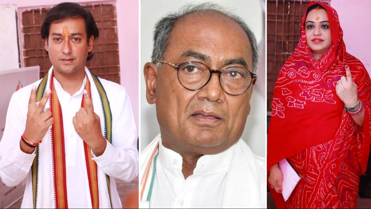 बाएं से जयवर्धन, दिग्विजय और बहू सृजाम्या.