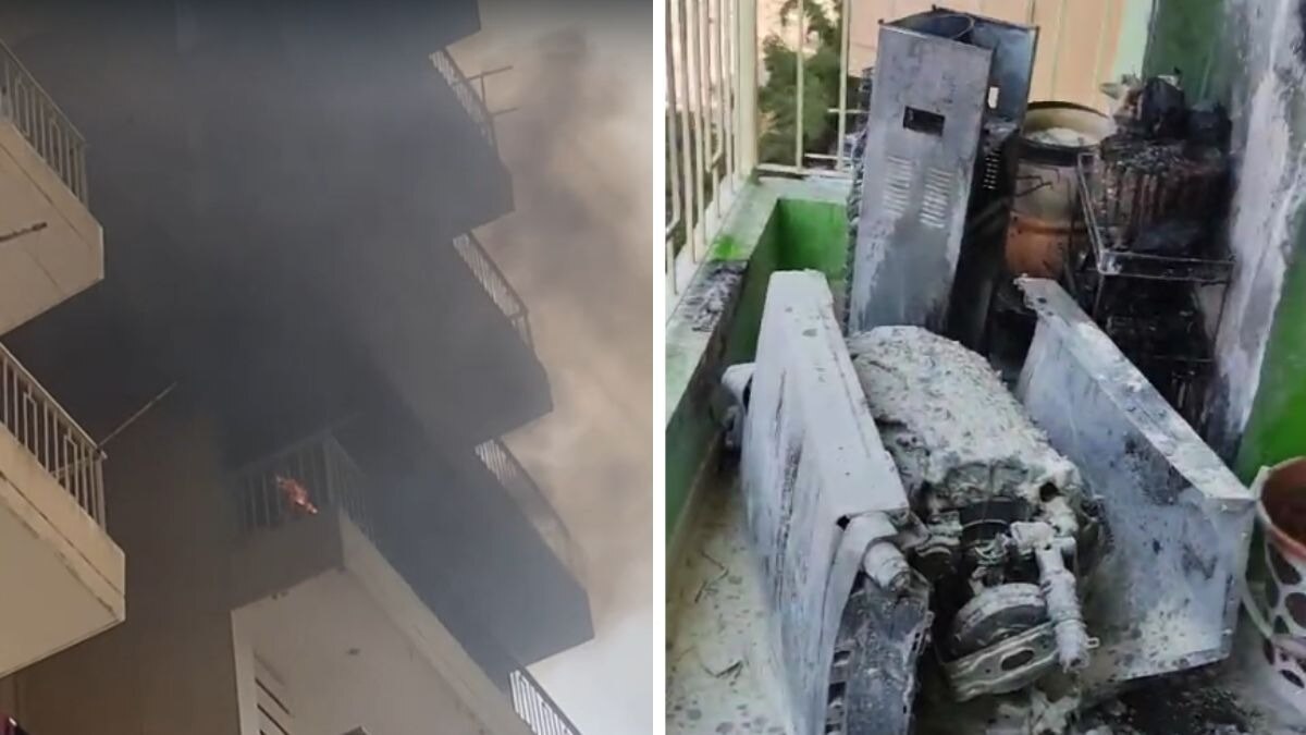 फ्लैट की बालकनी में रखी वॉशिंग मशीन में लगी आग.