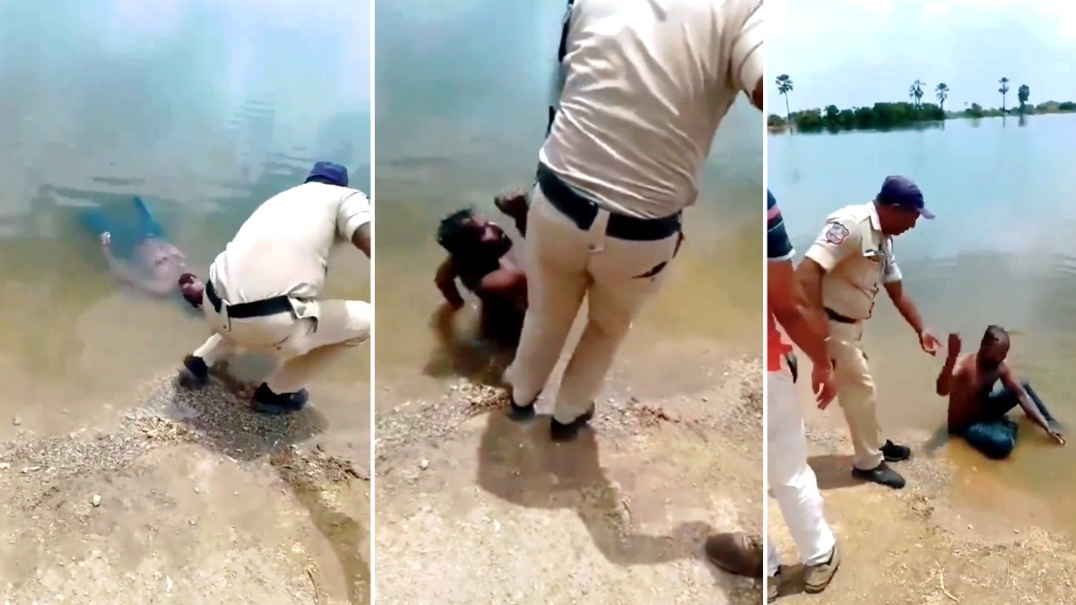 पुलिसकर्मी ने पानी में पड़े शख्स को बाहर खींचा वह उठकर बैठ गया.