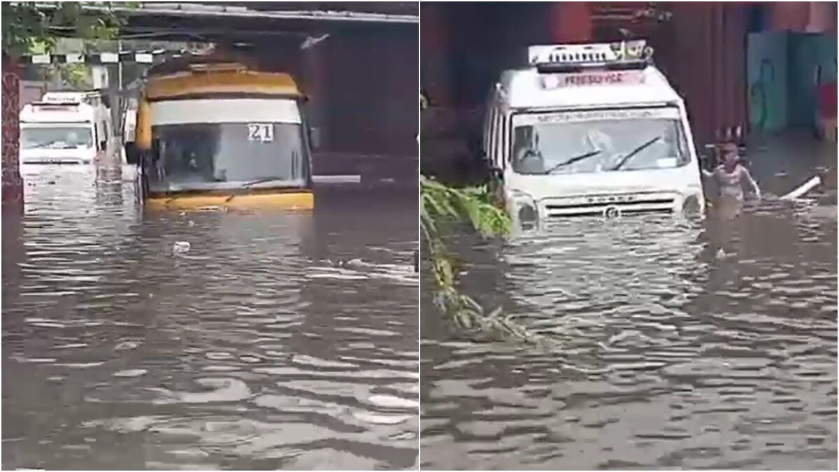 स्कूल बस और एंबुलेंस जलजमाव में फंसी