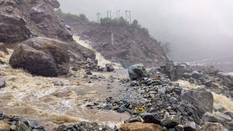Chamoli: Debris lies on the Chamoli-Badrinath National Highway near Lambagad after a landslide after rain, in Chamoli district, Thursday, July 4, 2024. (PTI Photo)