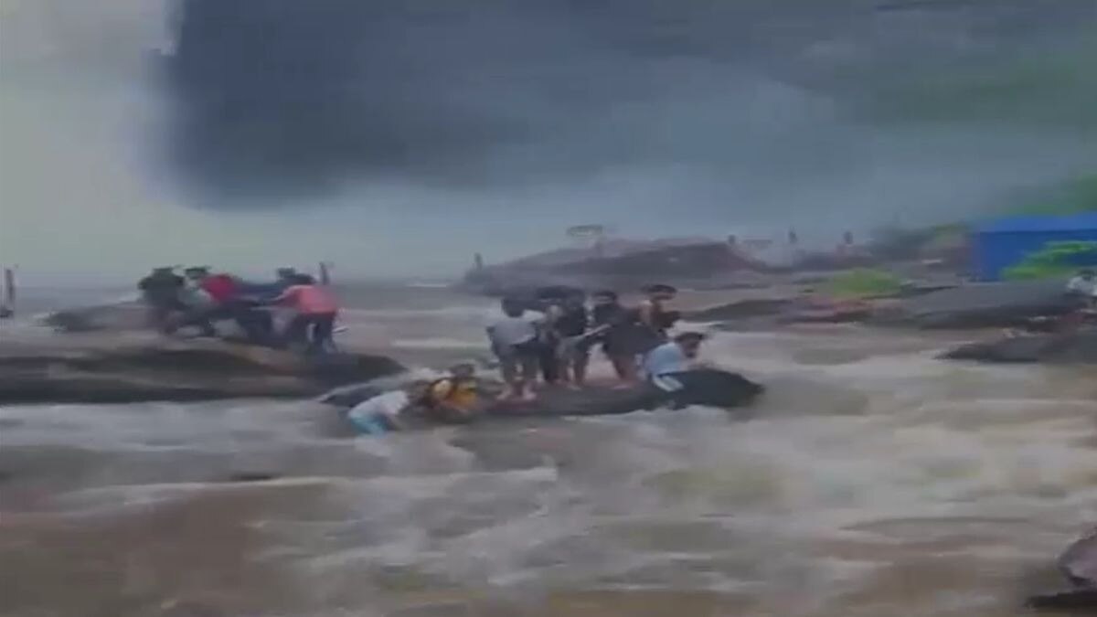 वाटर फॉल में फंसे लोग. (Video Grab)