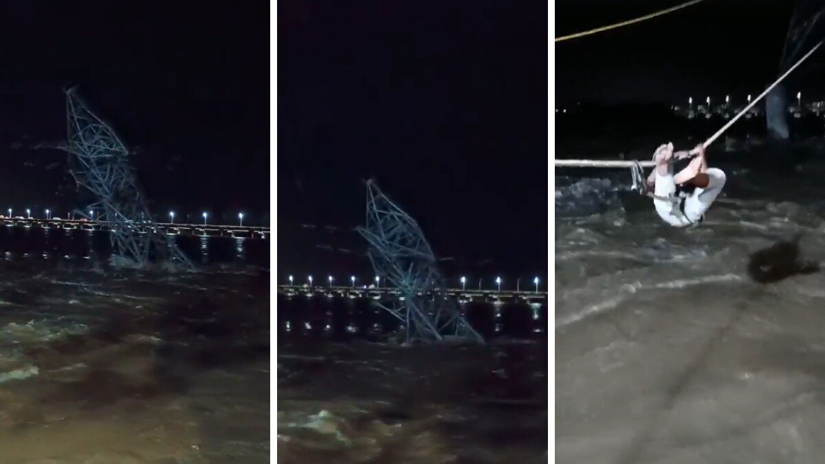 तमिलनाडु के त्रिची में नदी के तेज बहाव के कारण टावर पानी में समा गया.