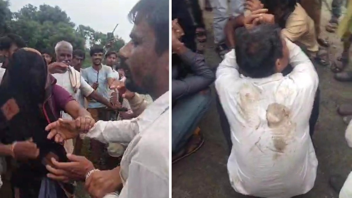 बकरी चोरी के आरोपी की ग्रामीण पिटाई करते ग्रामीण.