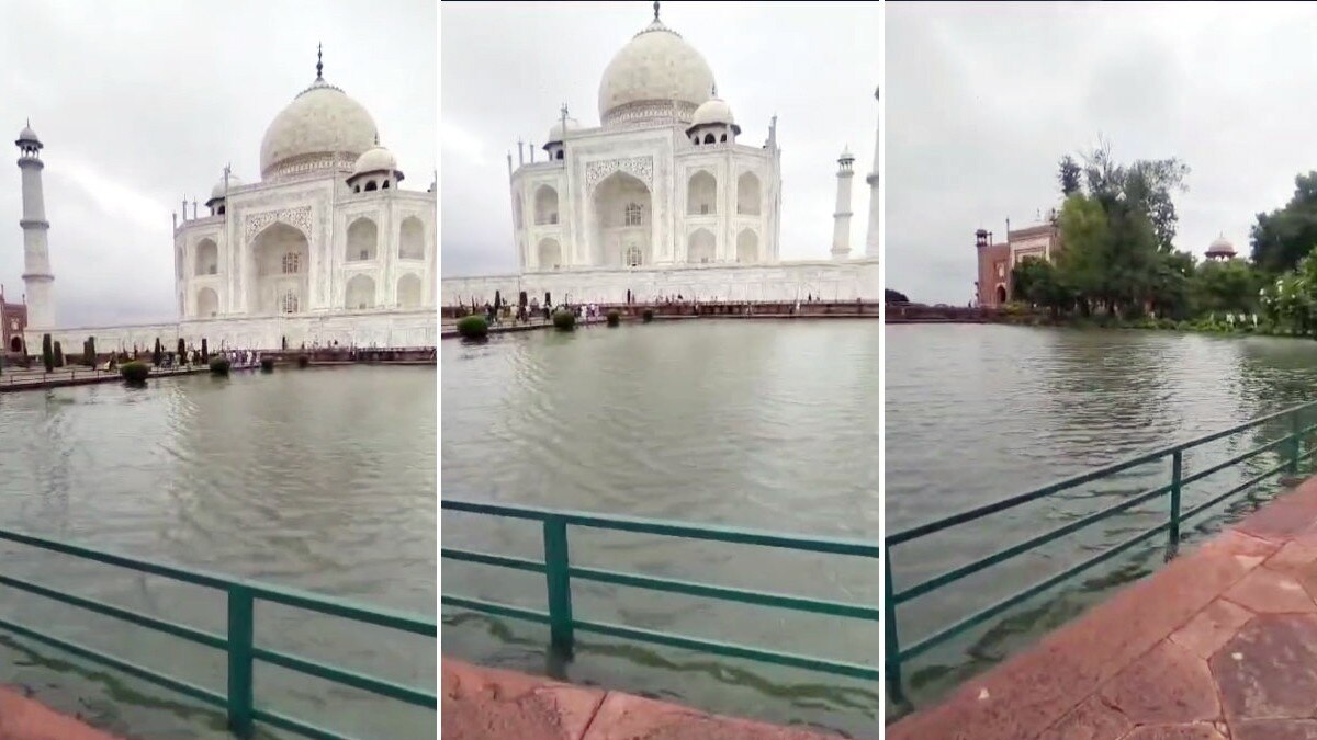 ताजमहल के बगीचे में भरा बारिश का पानी 
