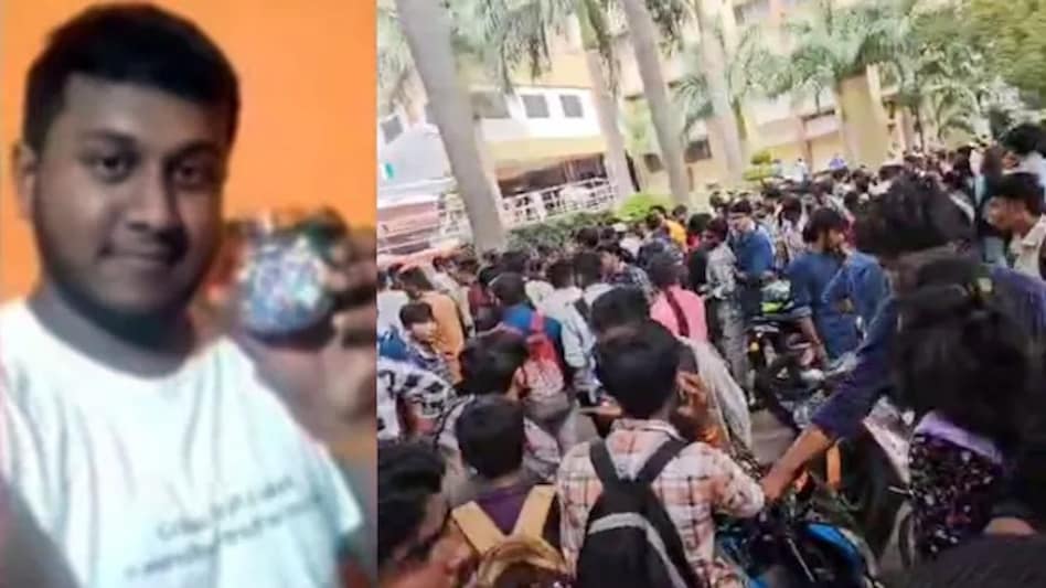 आरोपी और हंगामा करते छात्र।
