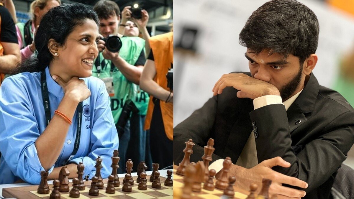 चेस ओलंपियाड में हरिका द्रोणावल्ली और डी गुकेश. (@FIDE_chess)