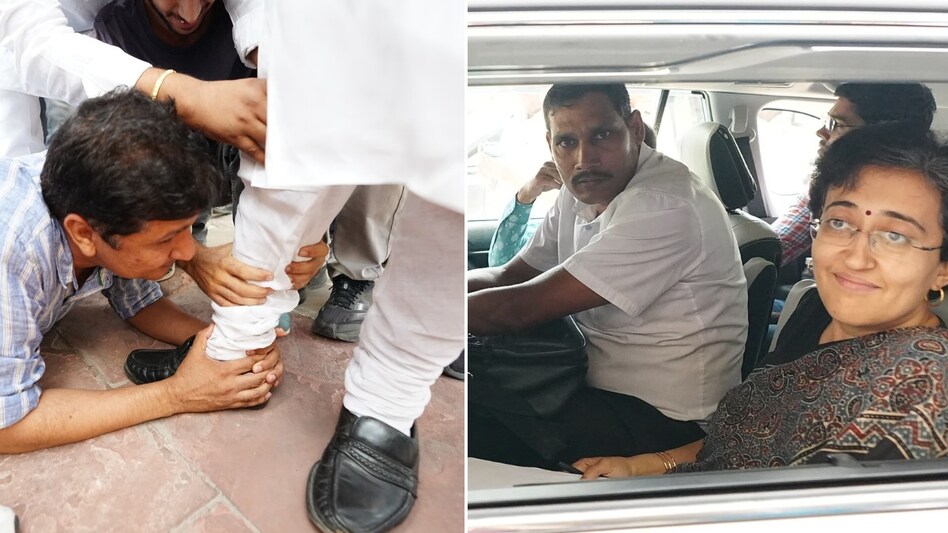 670123312f28f aap saurabha and atishi 052952519 विजेंद्र गुप्ता की कार में बैठीं CM आतिशी, सौरभ ने पकड़े BJP विधायकों के पैर... मार्शल बहाली के मुद्दे पर दिल्ली में हाई वोल्टेज 'ड्रामा' - CM Atishi ...