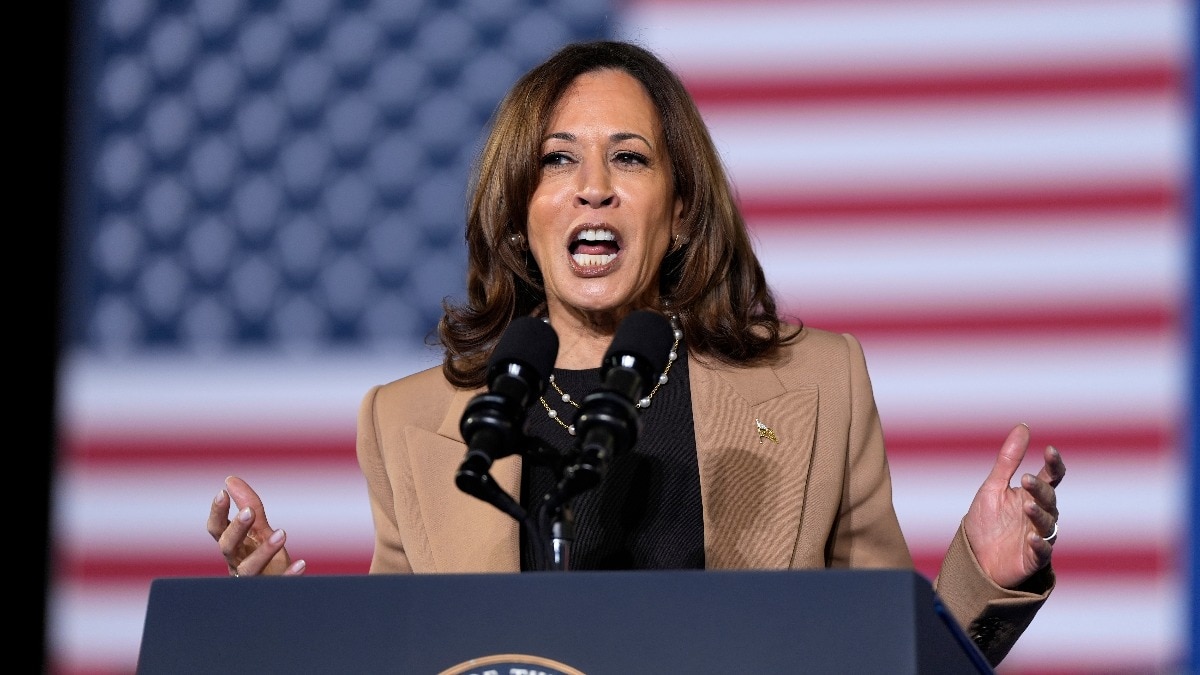 Democratic presidential nominee Vice President Kamala Harris speaks at a campaign rally at James R. Hallford Stadium, in Clarkston, Georgia.