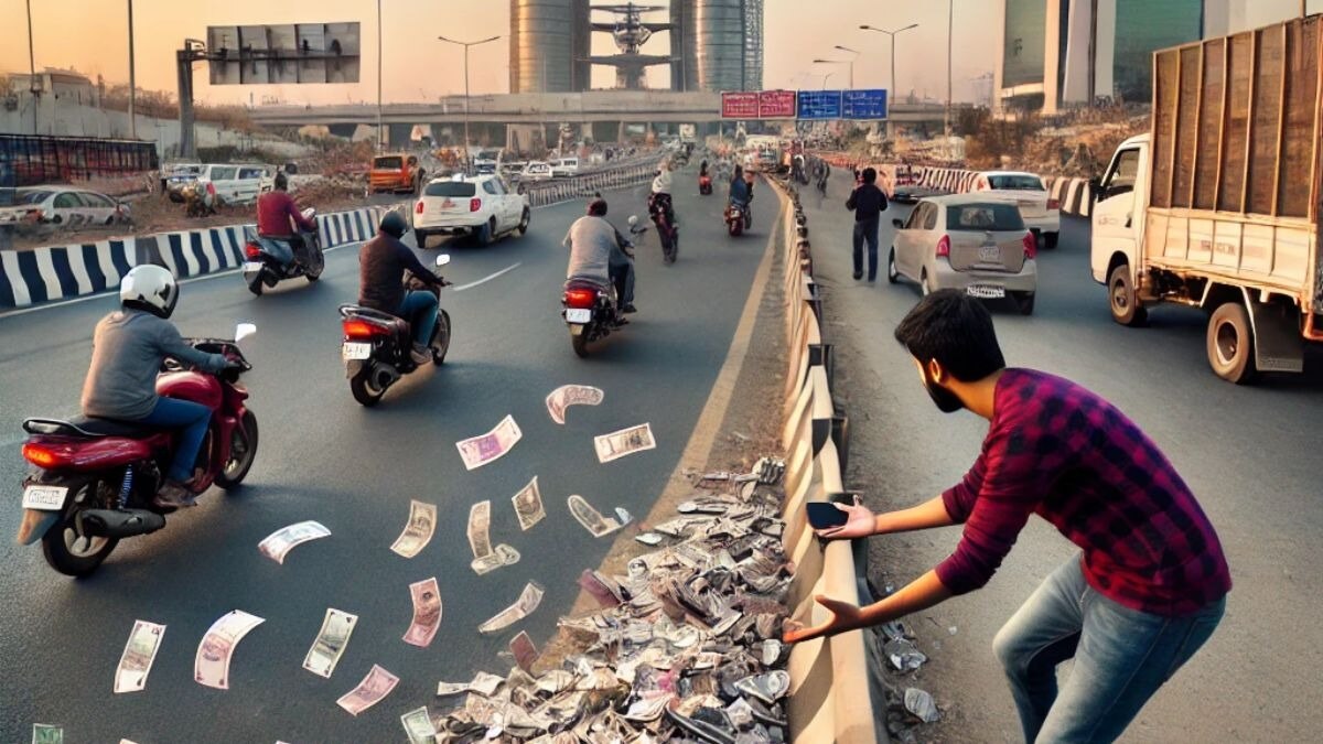 कंटेंट क्रिएटर ने सड़क पर उड़ाए नोट. (Photo: AI)