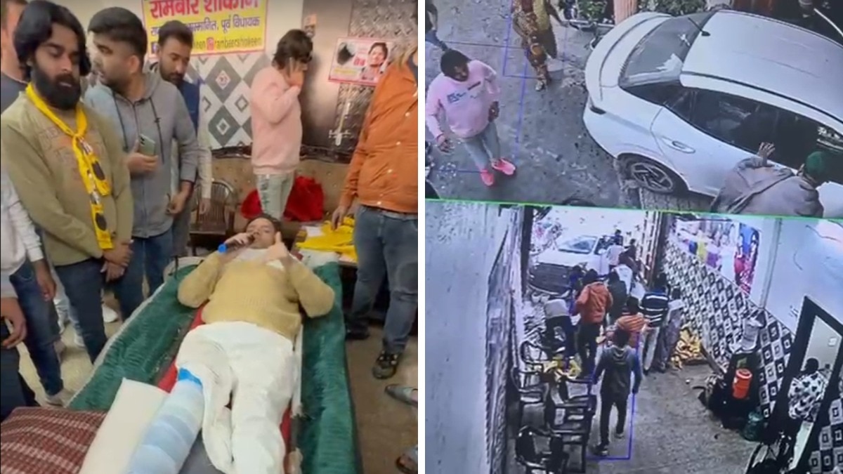 पहली तस्वीर में घटना के बाद घायल रामवीर शौकीन, दूसरी तस्वीर में दफ्तर के अंदर घुसी कार.