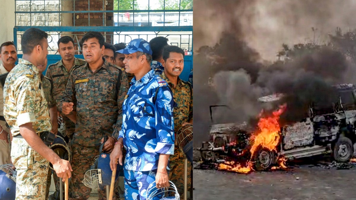 मुर्शिदाबाद में हिंसा के बाद भारी संख्या में सुरक्षाबलों की तैनाती/ प्रदर्शनकारियों द्वारा जलाई गई गाड़ी ( फाइल फोटो - पीटीआई )