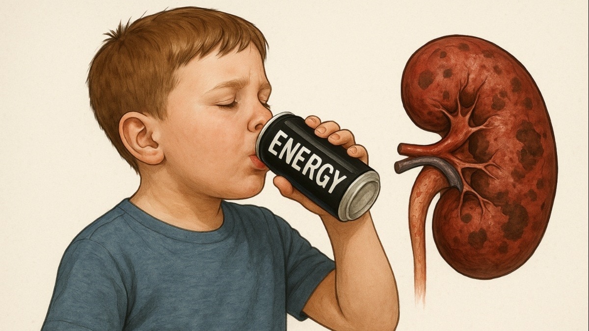 एनर्जी ड्रिंक पीना बच्चे की सेहत के लिए है हानिकारक (Image Credit: AI)