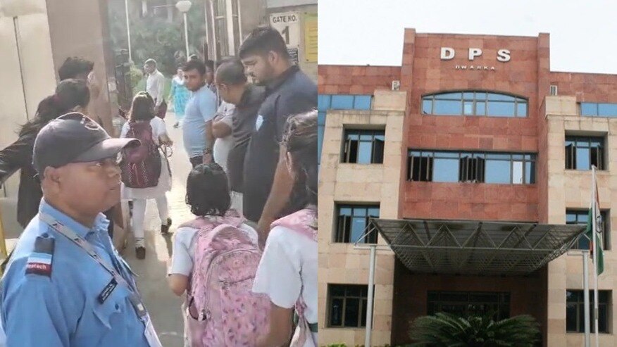 Image shwon school building with some bouncers and students