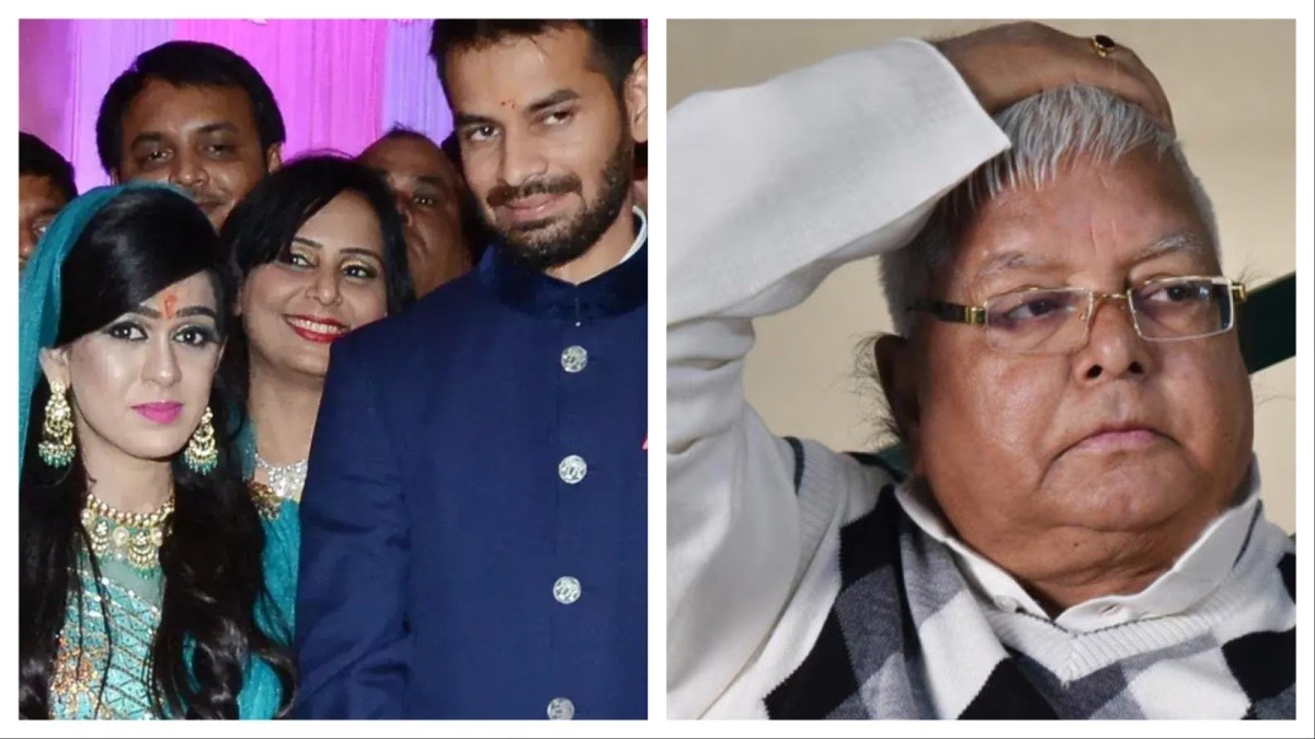 बाएं से पत्नी ऐश्वर्या के साथ तेज प्रताप और लालू यादव