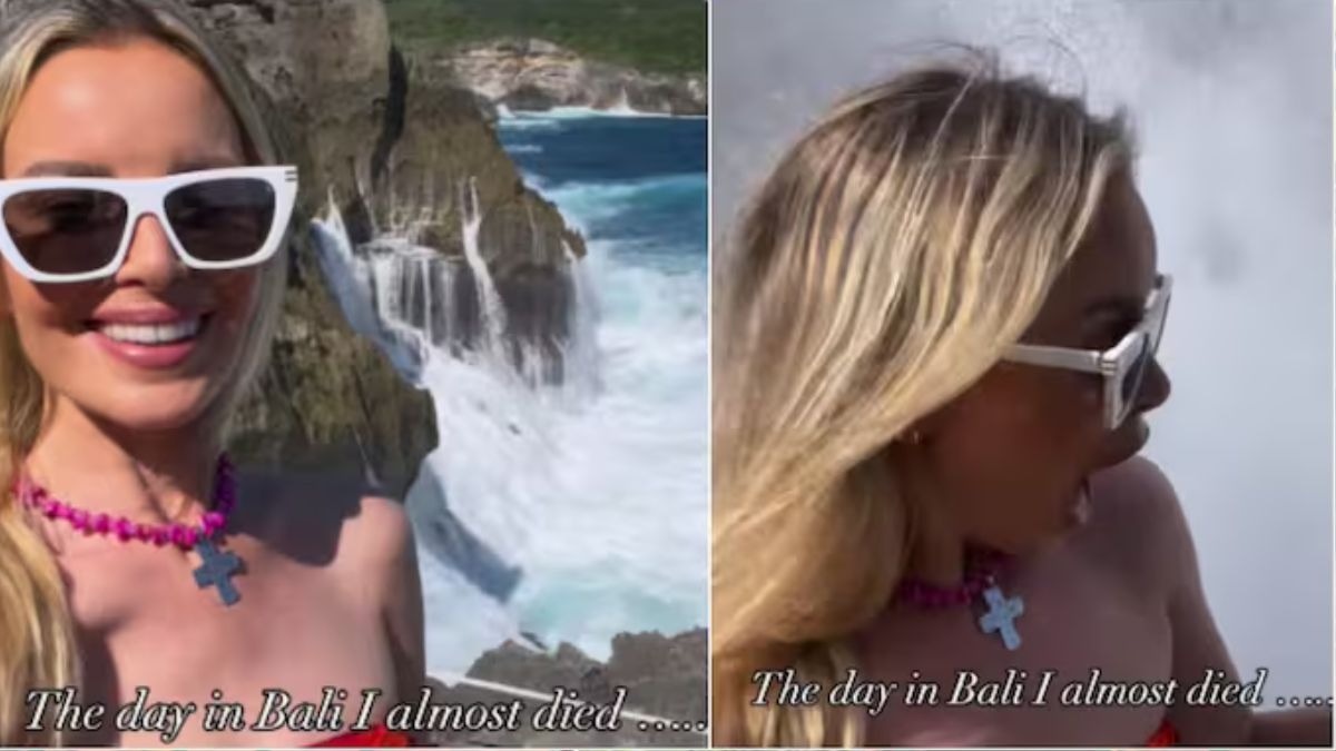 Shocking moment huge wave hits woman filming selfie video in Bali