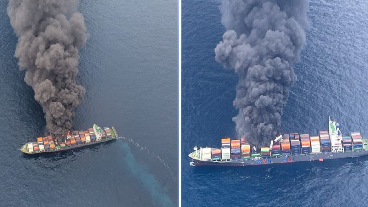 सिंगापुर के कंटेनर शिप में लगी आग