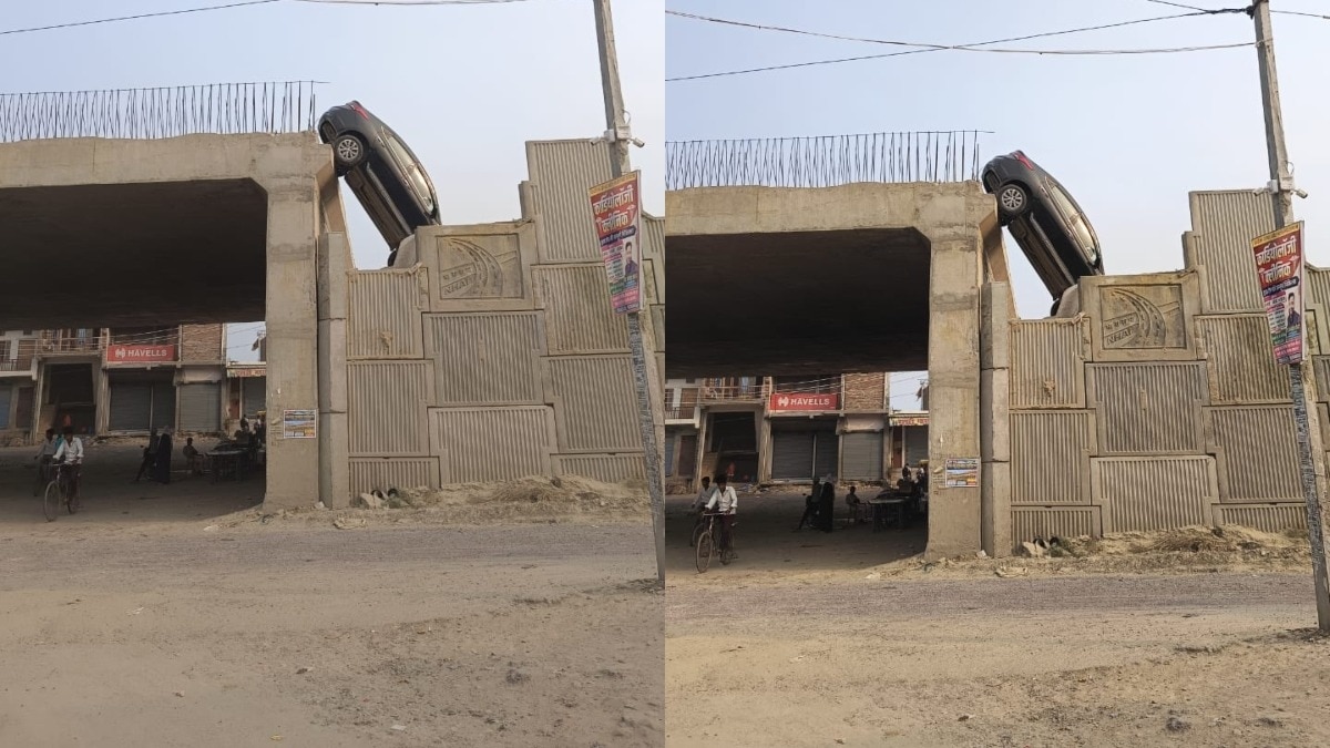 अधूरे फ्लाईओवर से लटकी कार.