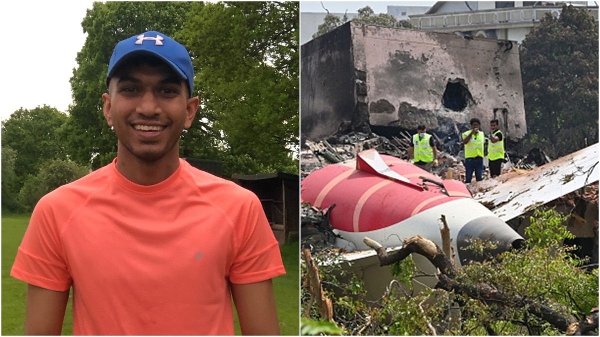 23-year-old cricketer Dirdh Patel (L) crash site of Air India's Boeing 787-8 aircraft near Ahmedabad airport.