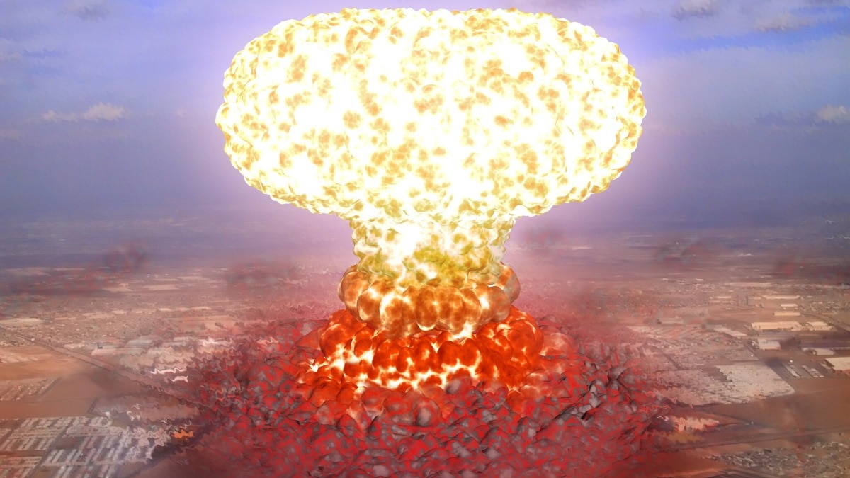 Image shown a nucler bomb blast with big cloud of gases and fire