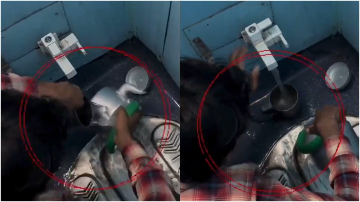 ट्रेन के बाथरूम में चाय की केतली धोता शख्स (सोशल मीडिया ग्रैब)