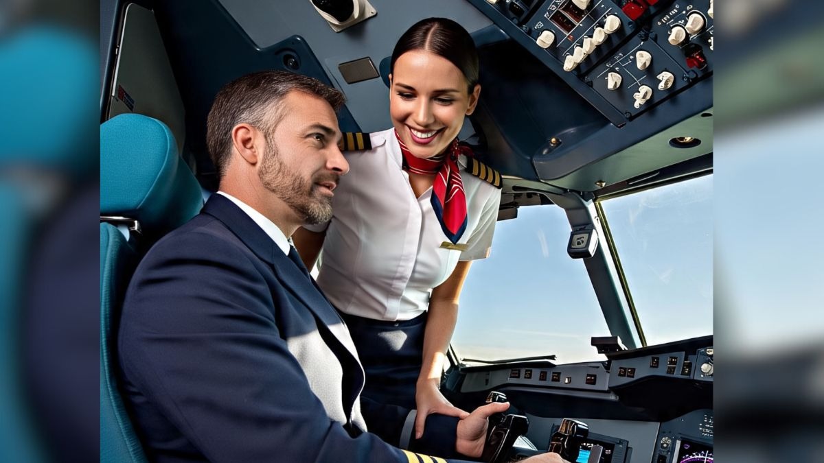 pilot and flight attendant in cockpit