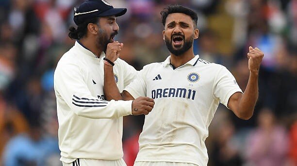 Akash Deep celebrates the dismissal of Brydon Carse. 