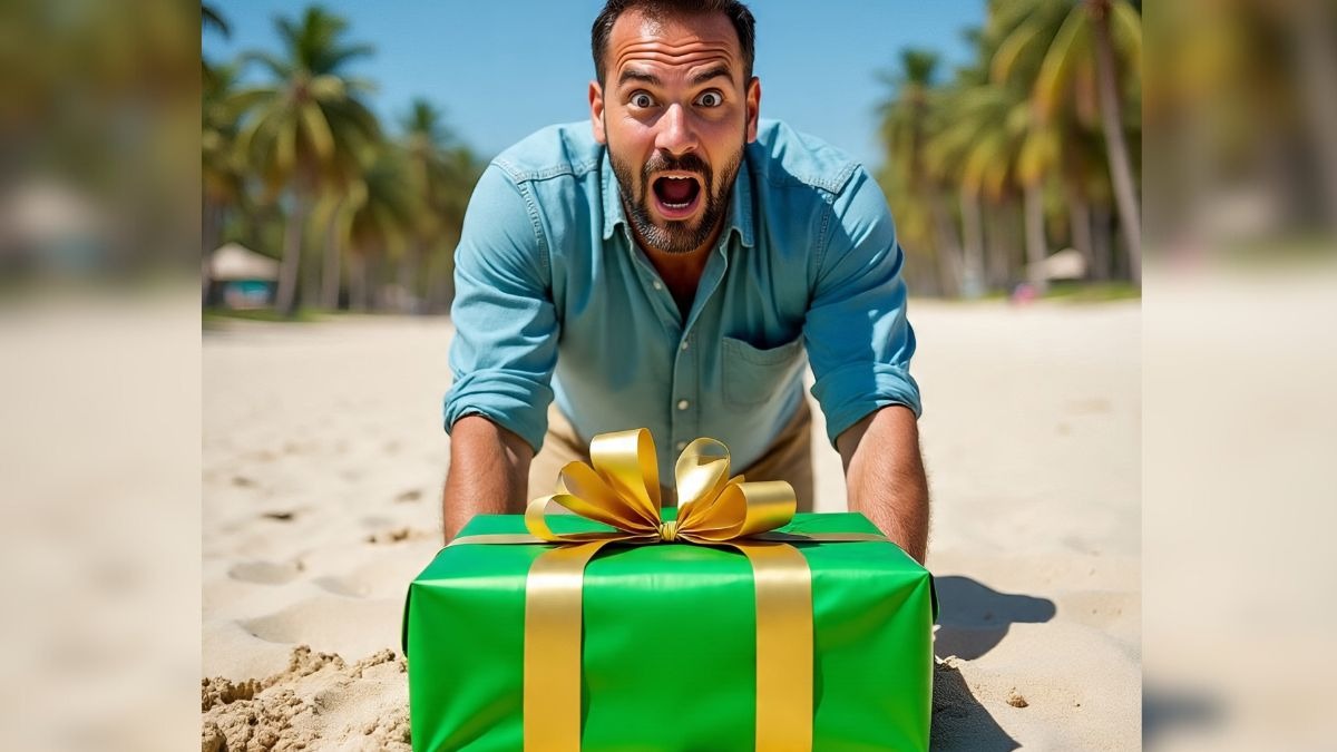 Man astonished to see green gift pack lying on beach