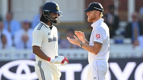 Ben Stokes of England interacts with KL Rahul of India during Day Four of the 3rd Rothesay Test Match between England and India at Lord's Cricket Ground at Lord's Cricket Ground 