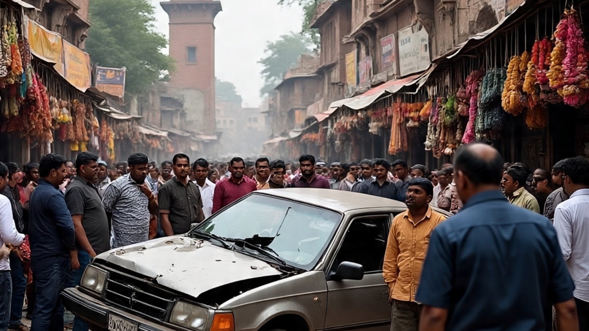 car in middle of crowd in market