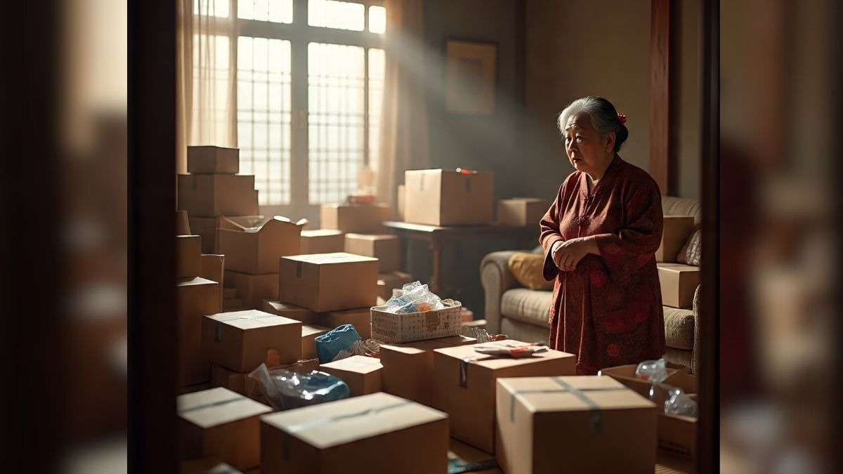 Elderly Chinese woman standing in room full of online parcels