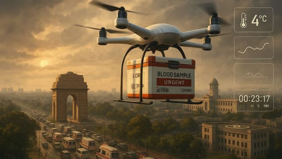 ड्रोन के जरिए मेडिकल डिलीवरी के ट्रायल सफल  (Photo: AI-generated)