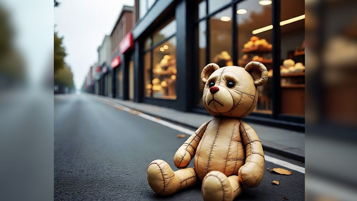  teddy bear made of Human skin on road near shop